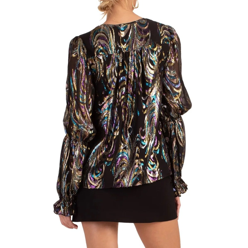 Trina Turk Top Ambrosial Silk Blend Metallic Jacquard V-Neck Black Multi S Glam - Picture 2 of 14